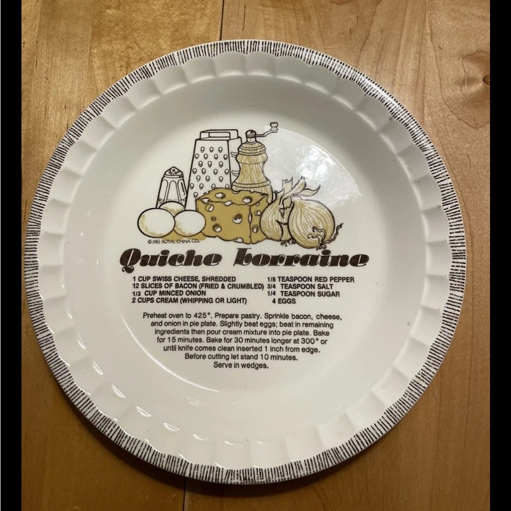 1983 Royal China Quiche Lorraine Pie Plate with Recipe 11" Deep Baking Dish
